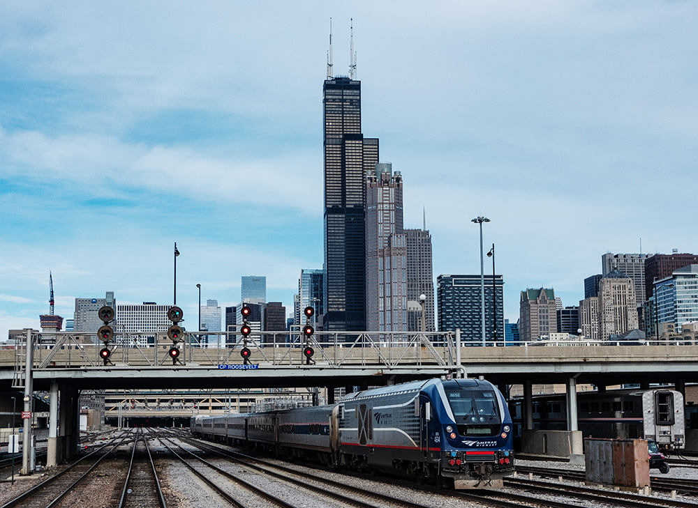 Metra train departing Union Station in downtown Chicago