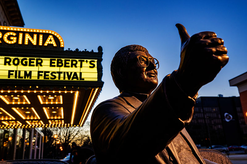 statue of Roger Ebert outside the Virginia Theatre in Downtown Champaign