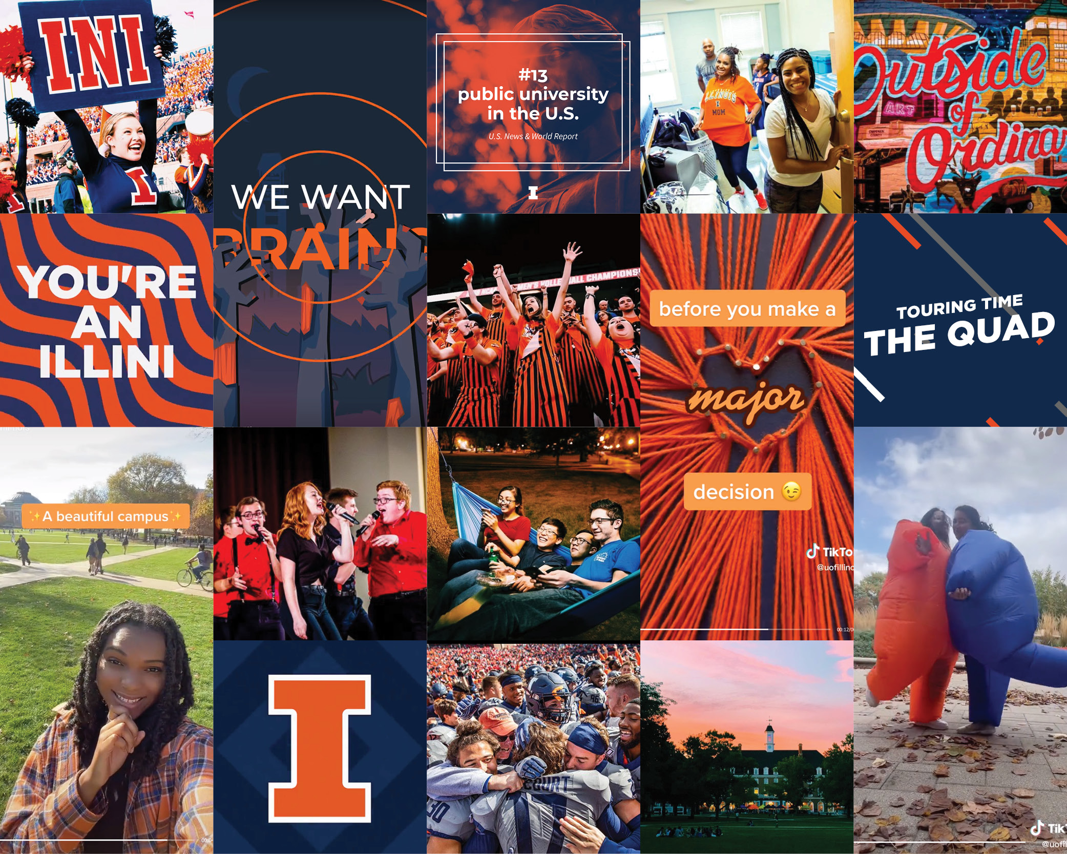 grid of images and stills from Illinois social media channels which highlight university facts and fun moments of campus life